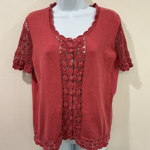 WinterSilks Silk Blend Short Sleeve Knit Crochet Sweater Blouse Cottagecore L